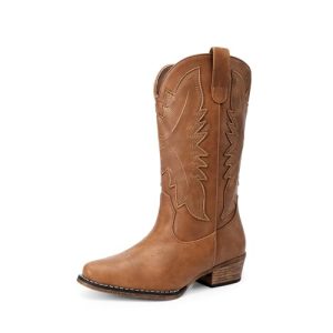 Cowboy Boots for Women Cowgirl Western Mid Calf Boots Snip Toe Embroidered Stitched Low Chunky Heel Pull On Fashion Boots