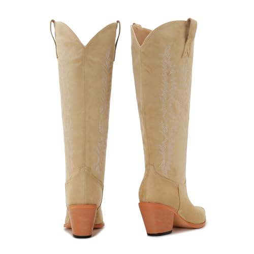Cowboy Boots For Women Wide Calf Knee High Tall Western Style Comfortable Ladies Plus Size Cowgirl Boots Chunky Heel