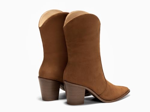Womens Cowboy Mid Calf Boots Chunky Block Heel Pointed Toe Suede Western Cowgirl Boots