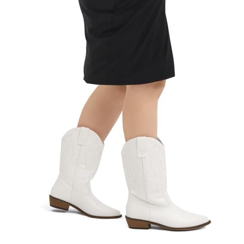 Women's Wide Calf Cowboy Boots Pull-On Mid-Calf Embroidered Pointed Toe Retro Western Boots