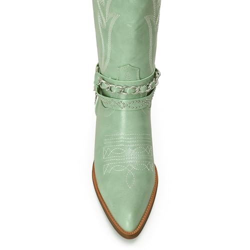 31i-dhbzCuL.jpg Cowboy Boots for Women with Chain, Pointy Toe Chunky Heel Women's Riding Boots with Embroidered, Pull on Style Western Boots,