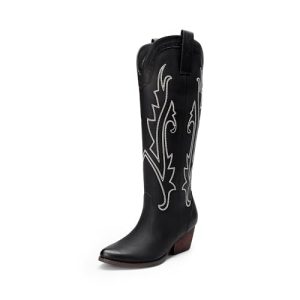 Womens Cowboy Knee High Boots Comfortable Pull On Side Zipper Chunky Heel Embroidered Western Cowgirl Boots Retro Tall Boot