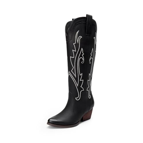 31kBXpDu3kL.jpg Womens Cowboy Knee High Boots Comfortable Pull On Side Zipper Chunky Heel Embroidered Western Cowgirl Boots Retro Tall Boot