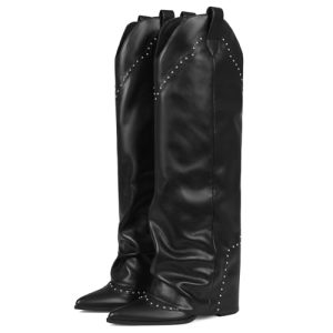 31l9fXe3zaL.jpg Women's Shark Studded Fold Over Knee High Boots Tall Pull-on Snip Toe Cowboy Cowgirl Slouch Boot Dress