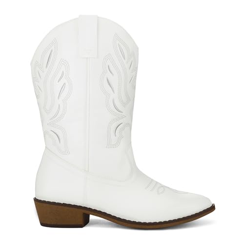 Women's Wide Calf Cowboy Boots Pull-On Mid-Calf Embroidered Pointed Toe Retro Western Boots
