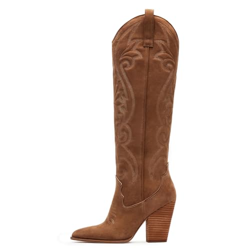 Knee High Cowboy Boots for Women Pointed Toe Chunky High Heels Pull-on Embroidered Boots Western Boots Wide Calf Cowgirl Boots