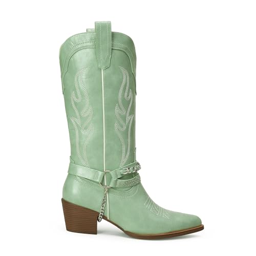 31pOfy4RcPL.jpg Cowboy Boots for Women with Chain, Pointy Toe Chunky Heel Women's Riding Boots with Embroidered, Pull on Style Western Boots,