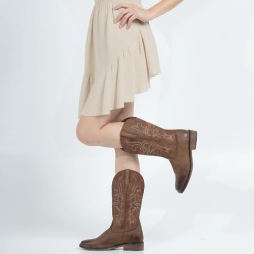 Womens Square Toe Cowgirl Cowboy Boots Mid Calf with Chunky Heel Retro Embroidery Western Boots