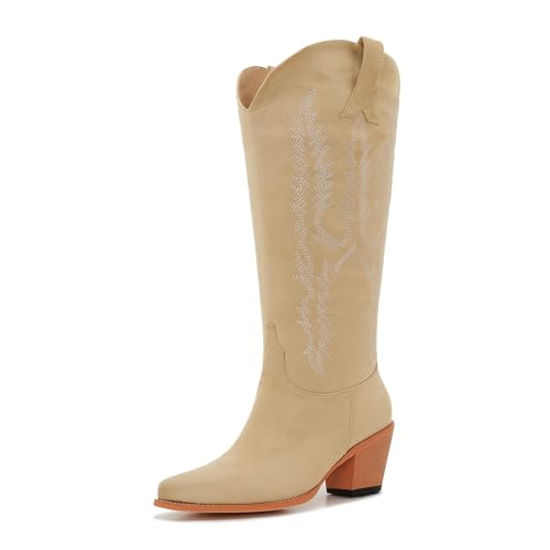 Cowboy Boots For Women Wide Calf Knee High Tall Western Style Comfortable Ladies Plus Size Cowgirl Boots Chunky Heel
