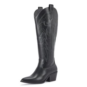 Women's Cowboy Boots Wide Calf Knee High with Zip Classic Chunky heel for Girls Ladies Fall Winter