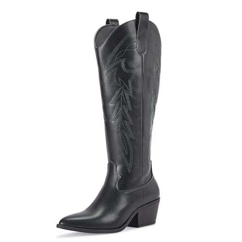 31uhbwM7aL.jpg Women's Cowboy Boots Wide Calf Knee High with Zip Classic Chunky heel for Girls Ladies Fall Winter