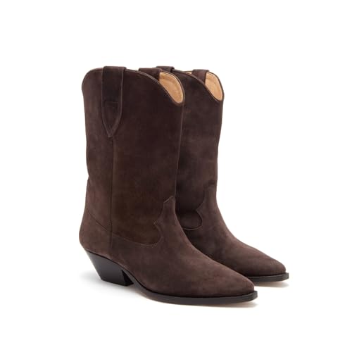 Suede Cowboy Boots for Women Pointed Toe Mid-Calf Western Boots Chunky Heel Cowgirl Booties Dressy Pull on Wide Calf Fashion