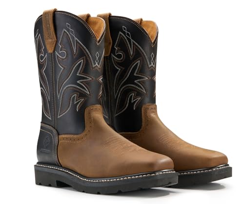10" Cowboy Boots - Men’s Square Toe Work Boot,Pull On Leather Western Boots,Durable Classic Slip Resistant Soft Toe Wellington