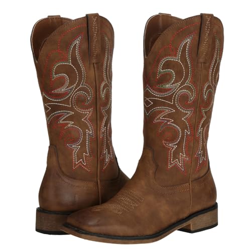 Womens Square Toe Cowgirl Cowboy Boots Mid Calf with Chunky Heel Retro Embroidery Western Boots