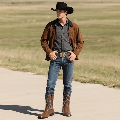 Cowboy Boots for Men Square Toe Western Classic Embroidered Slip on Chunky Heel Men's Boots