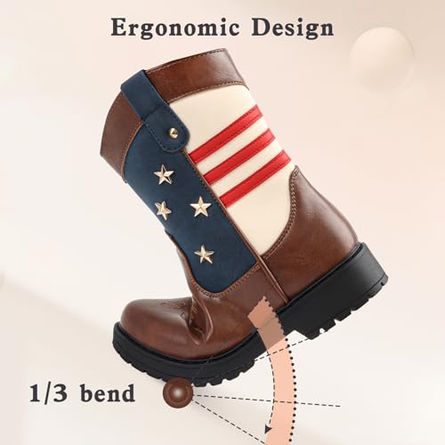 Cowboy/Cowgirl Boots for Boys/Girls Toddler Western Wide Calf Square Toe Kids Boots with Side Zipper (White+ Brown+Dark Brown)