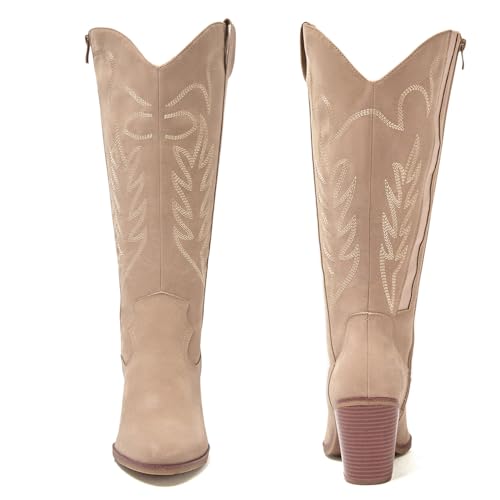 Women's Extra Wide Calf Cowboy Knee High Boots，Wide Width Cowgirl Boots Chunky Pump Heel Plus Size Western Tall Boots.