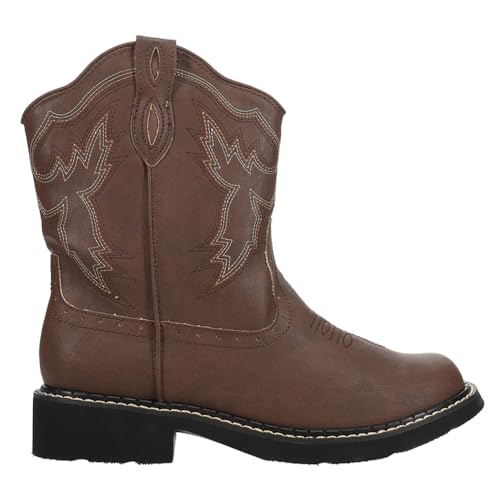 Womens Chunk Rider Embroidery Round Toe Casual Boots Ankle Low Heel 1-2" - Brown