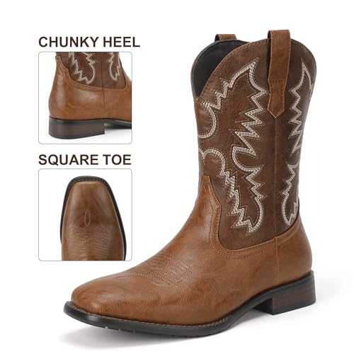 Cowboy Boots for Men Square Toe Western Classic Embroidered Slip on Chunky Heel Men's Boots
