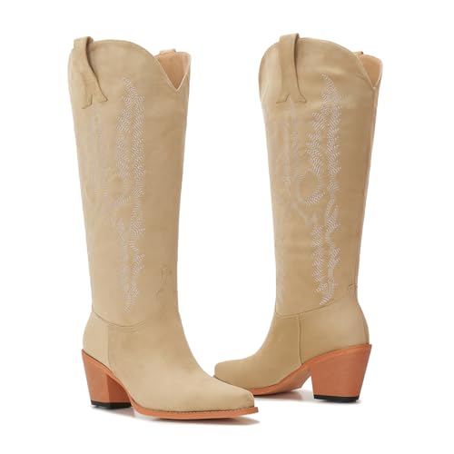 Cowboy Boots For Women Wide Calf Knee High Tall Western Style Comfortable Ladies Plus Size Cowgirl Boots Chunky Heel