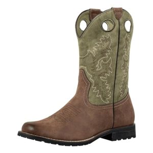 Western Mens Cowboy Boots Round Toe Work Boot Slip On Pu Leather Embroidered Casual Dress Boots Brown