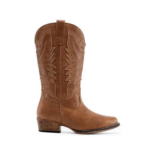 Cowboy Boots for Women Cowgirl Western Mid Calf Boots Snip Toe Embroidered Stitched Low Chunky Heel Pull On Fashion Boots