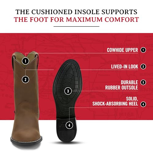 Temple 10" Roper Cowboy Boots for Men - Durable Pull-On Round Toe Cowhide Boots with Covered Cushion Insole and Triple-Density