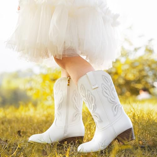 Cowgirl Boots for Little Girls Mid Calf Pointed Toe Kid Cowboy Boots Side Zipper Classic Embroidered Western Boots Horse Riding