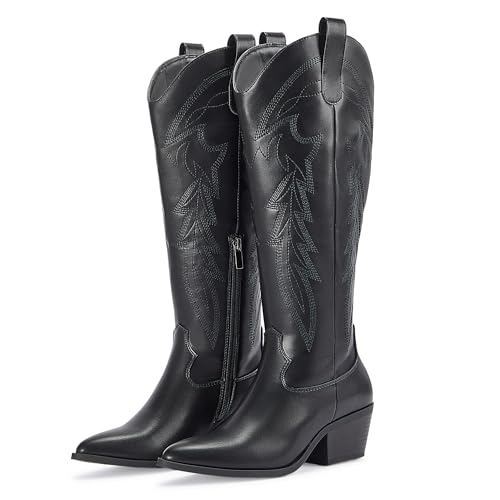 414UXLOnEL.jpg Women's Cowboy Boots Wide Calf Knee High with Zip Classic Chunky heel for Girls Ladies Fall Winter