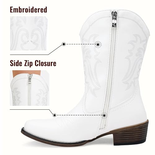 Women's Cowboy Boots, Western Cowgirl Mid-Calf Pull on Round Toe Embroidered Country Boots with Inside Zipper