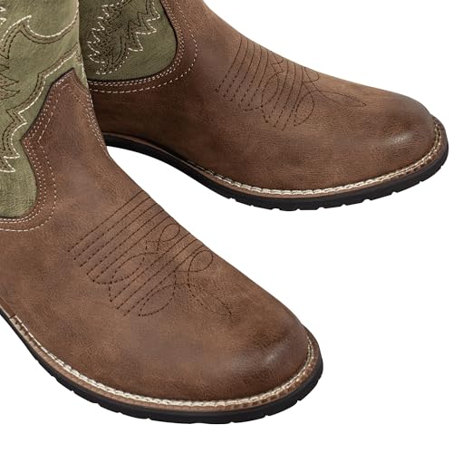 Western Mens Cowboy Boots Round Toe Work Boot Slip On Pu Leather Embroidered Casual Dress Boots Brown
