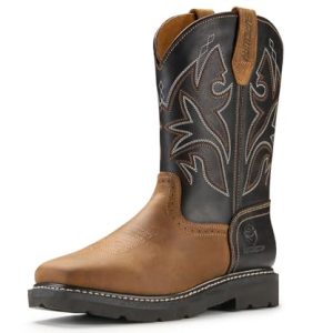 10" Cowboy Boots - Men’s Square Toe Work Boot,Pull On Leather Western Boots,Durable Classic Slip Resistant Soft Toe Wellington