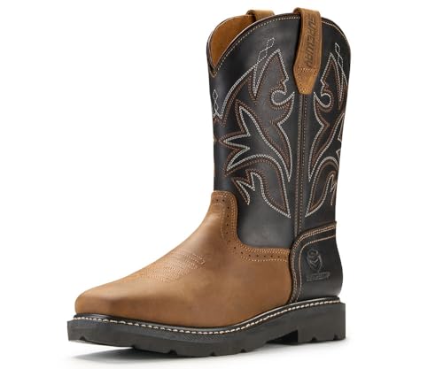 10" Cowboy Boots - Men’s Square Toe Work Boot,Pull On Leather Western Boots,Durable Classic Slip Resistant Soft Toe Wellington