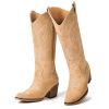 Suede Cowboy Boots for Women Mid-Calf Embroidery Cowgirl Boots Retro Snip Toe Western Boot with Chunky Heel Black and Brown