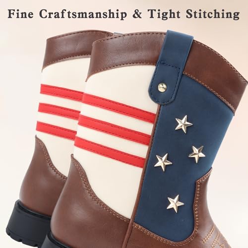 Cowboy/Cowgirl Boots for Boys/Girls Toddler Western Wide Calf Square Toe Kids Boots with Side Zipper (White+ Brown+Dark Brown)