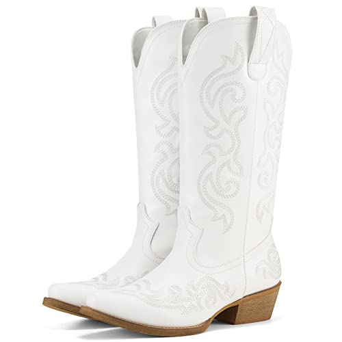 Rollda Cowboy Boots for Women Western Cowgirl Boots with Chunky Heel Ladies Snip Toe Mid-Calf Boots