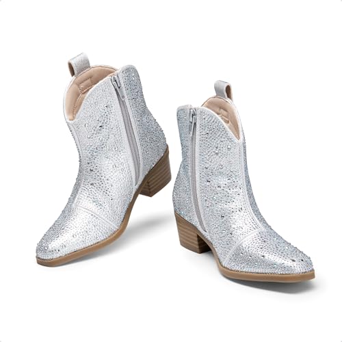 Girls Cowgirl Cowboy Rhinestone Boots Ankle Low Heel Dress Booties
