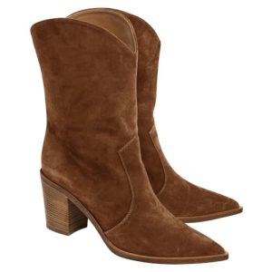 Womens Cowboy Mid Calf Boots Chunky Block Heel Pointed Toe Suede Western Cowgirl Boots
