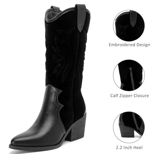 Women's Mid Calf Boots, Flat Casual Round Toe Booties Fashion Buckle Dressy Fall and Winter Low Heeled Boots for Women.