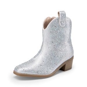 Girls Cowgirl Cowboy Rhinestone Boots Ankle Low Heel Dress Booties