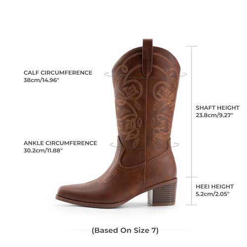 Cowboy Boots for Women Cowgirl Western Boots Fashion Embroidery Stitched Chunky Heel Mid Calf Boots