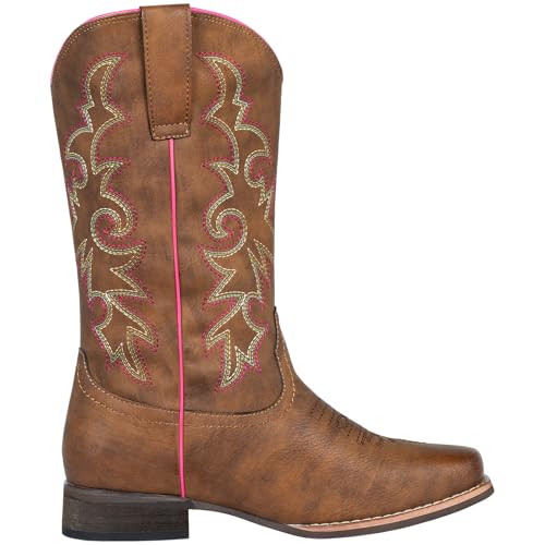 Women's Cowboy Boots Square Toe Western Cowgirl Mid Wide Calf Embroidered Boots Brown