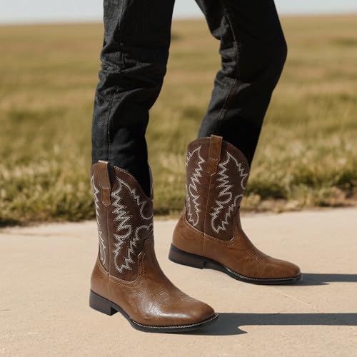 Cowboy Boots for Men Square Toe Western Classic Embroidered Slip on Chunky Heel Men's Boots