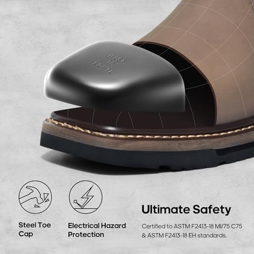 Steel Toe Work Boots for Men – Waterproof Pull on Wellington Cowboy Boots for Men with Full-grain Leather for Construction,