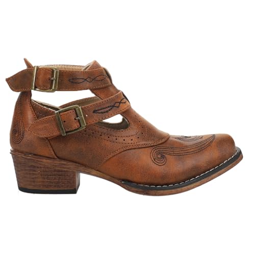 Womens Willa Embroidery Snip Toe Casual Boots Ankle Low Heel 1-2" - Brown