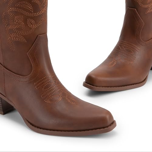 Cowboy Boots for Women Cowgirl Western Boots Fashion Embroidery Stitched Chunky Heel Mid Calf Boots