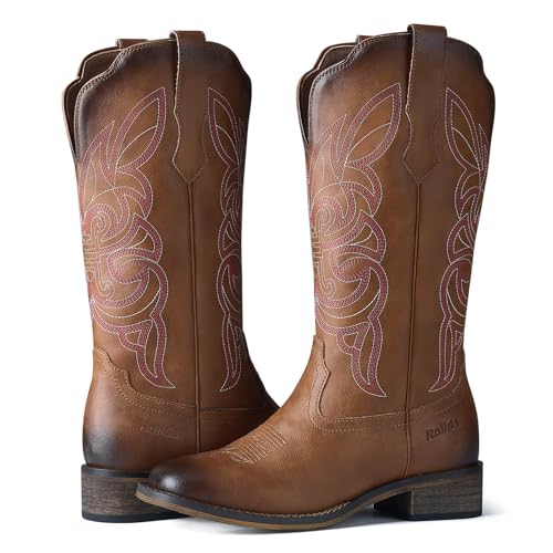 Cowgirl Boots Cowboy Boots for Women Square Toe Mid Calf Western Boots Ladies Fashion Boots with Chunky Heel