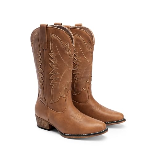 Cowboy Boots for Women Cowgirl Western Mid Calf Boots Snip Toe Embroidered Stitched Low Chunky Heel Pull On Fashion Boots