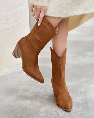 Womens Cowboy Mid Calf Boots Chunky Block Heel Pointed Toe Suede Western Cowgirl Boots