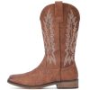 Cowboy Boots For Women Square Toe Wide Western Boots Mid Calf Cowgirl Boots Pull On Embroidered Brown Cowboy Boots